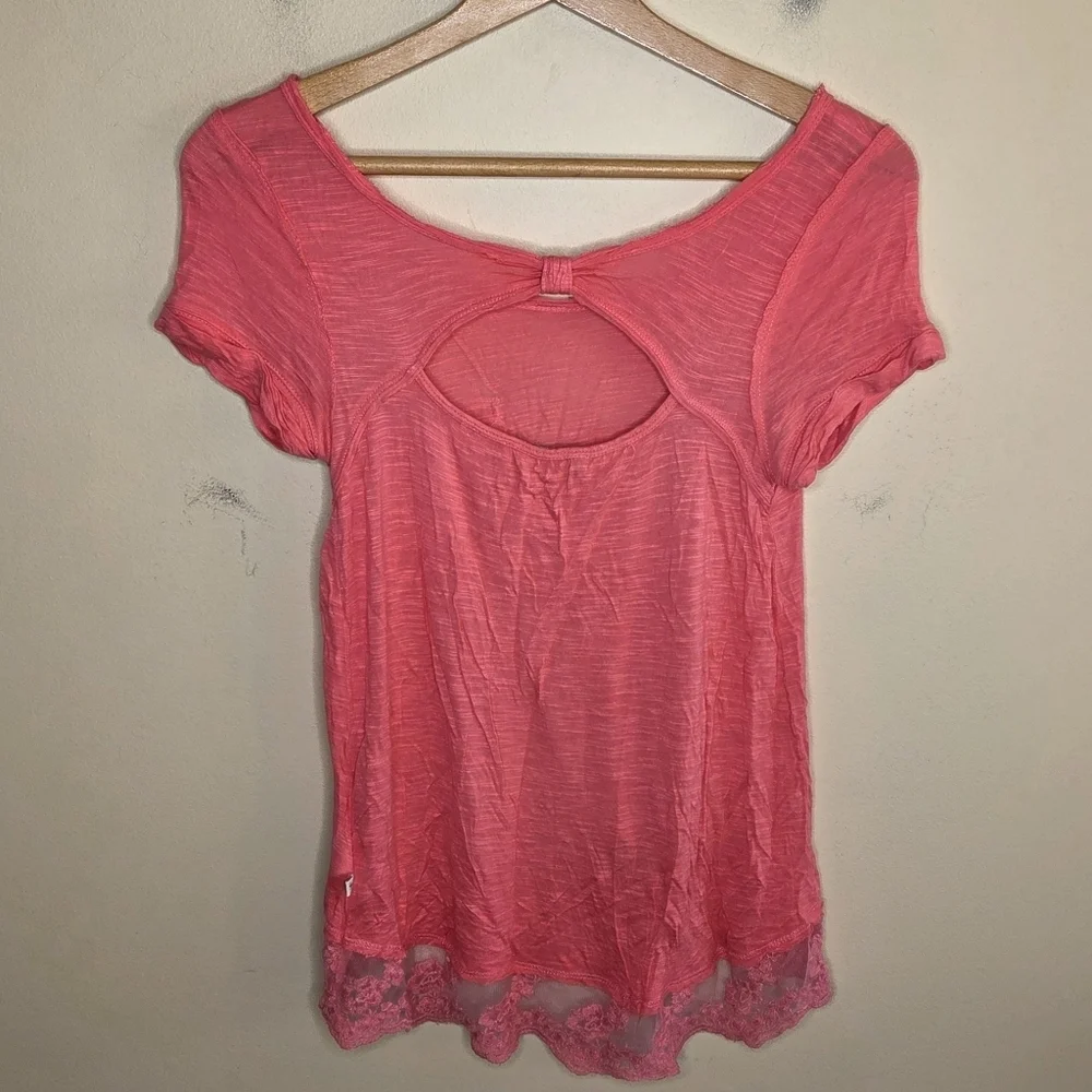 Abercrombie Kids Coral Lace Trim Pocket Tissue Tee Open Back Girls Size XL